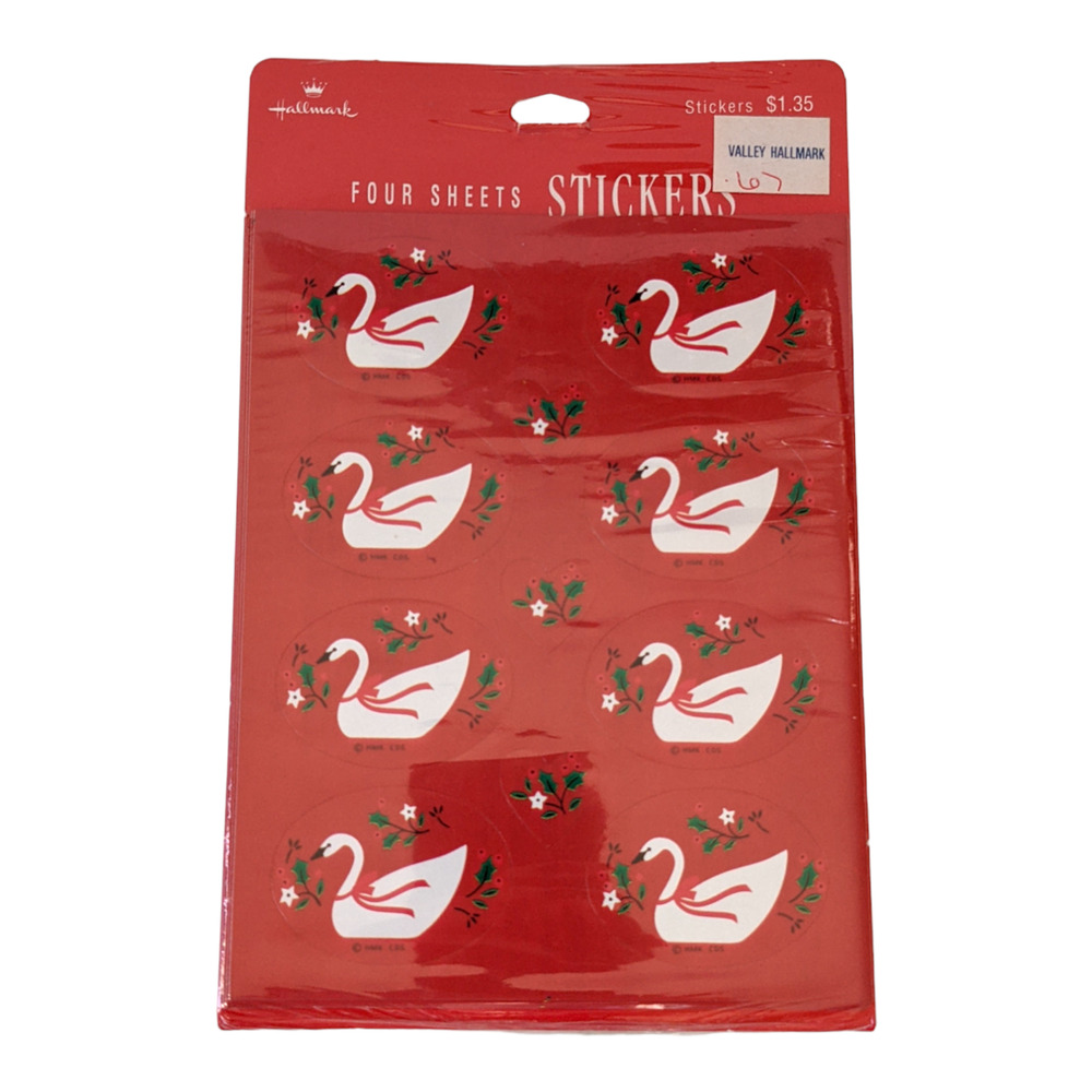 Vintage Hallmark Christmas Stickers, White Swans Green Holly, Red Envelope Seals